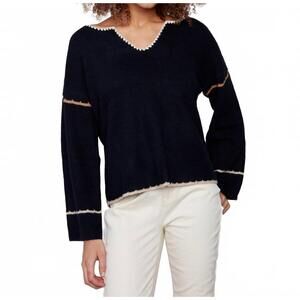 NEW CHARLIE B ribbed v-neck notched soutache sweater in navy